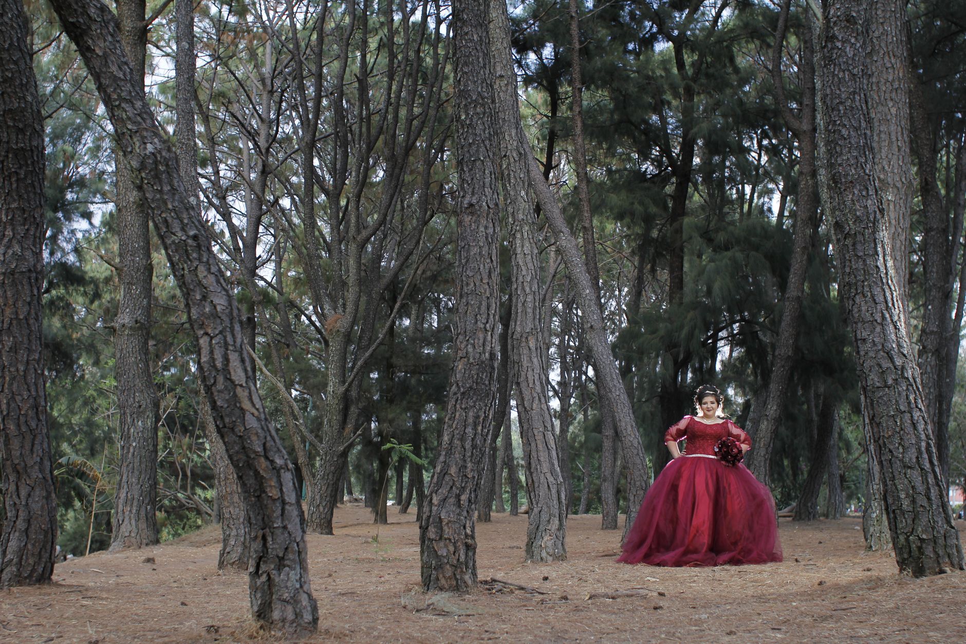 Elegant woman in a flowing red dress holding a bouquet, standing in a serene forest setting.