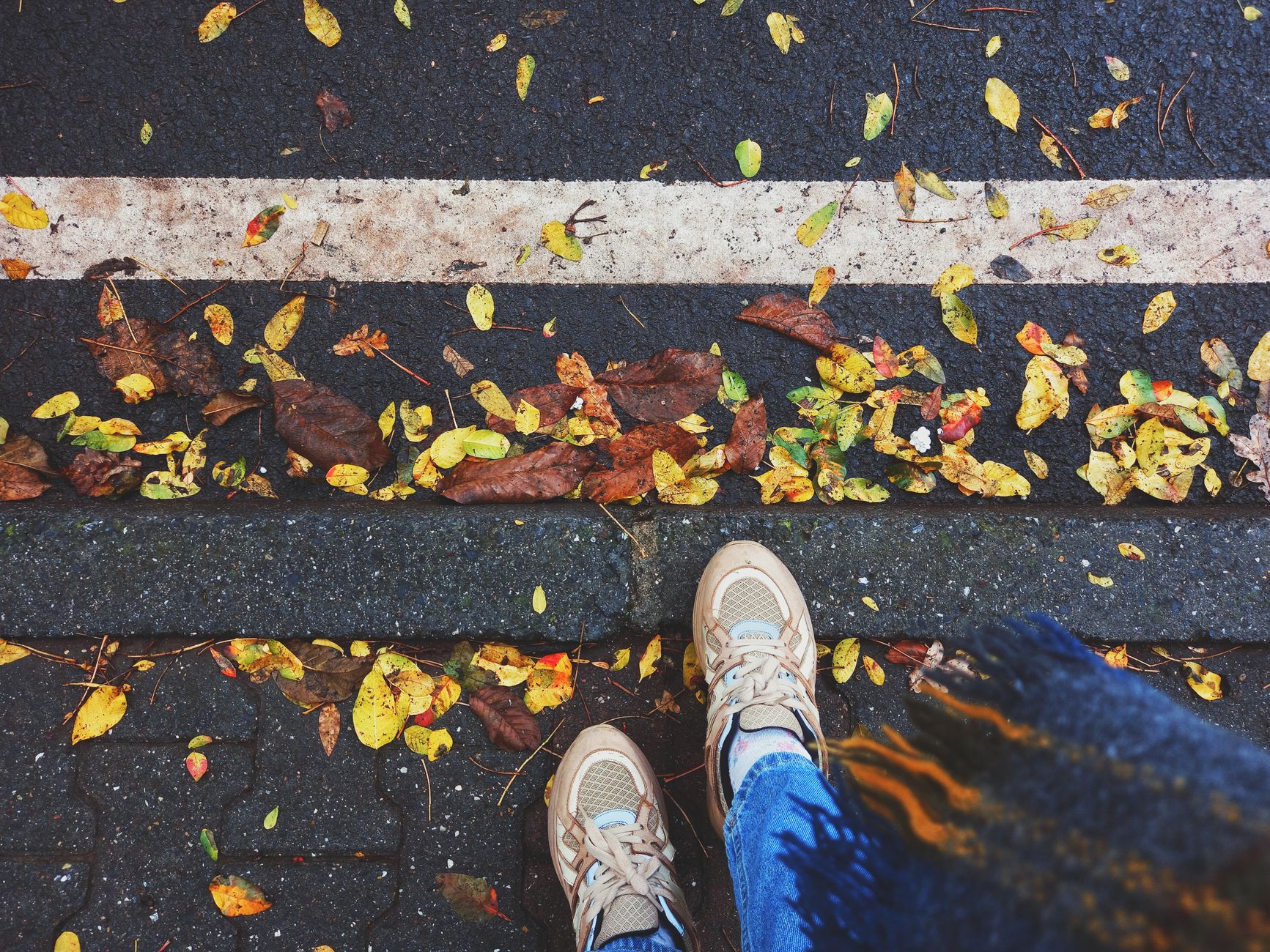 Top-down view of shoes on a leaf-strewn urban street in autumn.