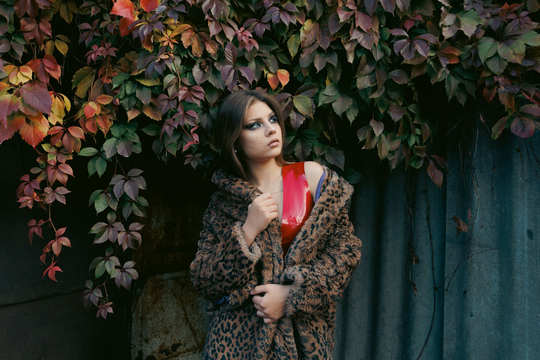 Stylish woman in a leopard coat stands by colorful autumnal foliage, exuding elegance and confidence.