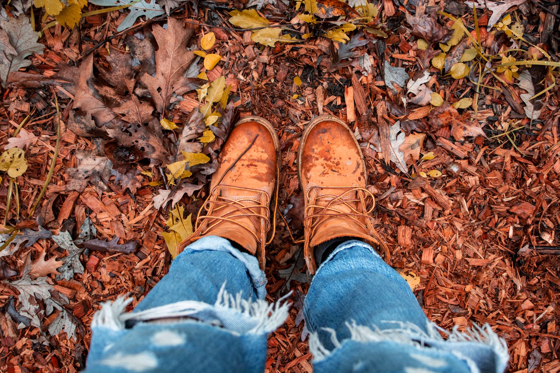 Brown boots and denim in a vibrant autumn setting, perfect for fall themes.